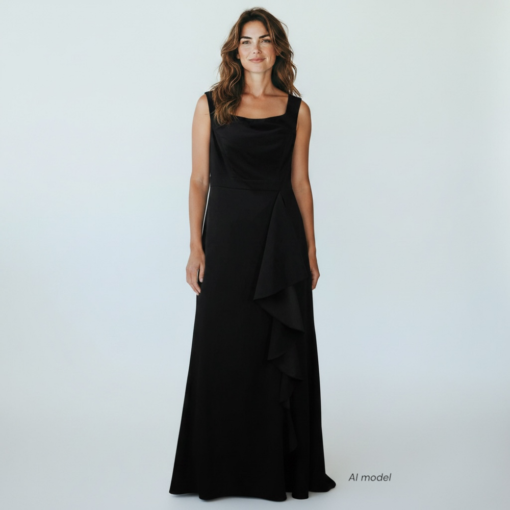 Lulus Dress Womens 1X Black Sleeveless Asymmetrical Maxi Ruffle Gown Formal